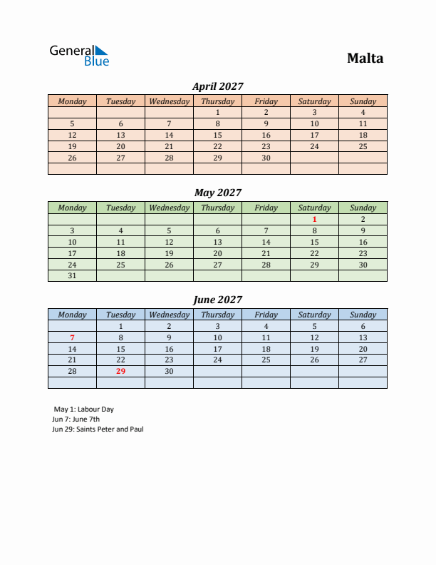 Q2 2027 Holiday Calendar - Malta