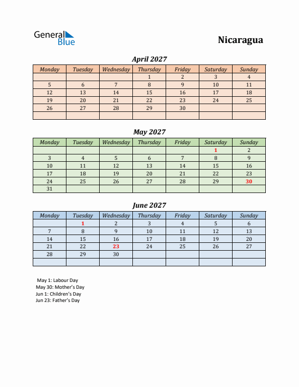 Q2 2027 Holiday Calendar - Nicaragua