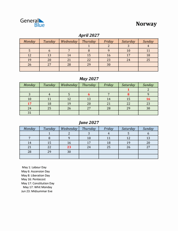 Q2 2027 Holiday Calendar - Norway