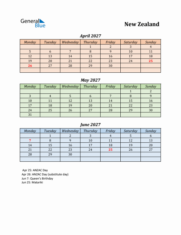 Q2 2027 Holiday Calendar - New Zealand