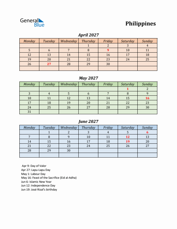 Q2 2027 Holiday Calendar - Philippines