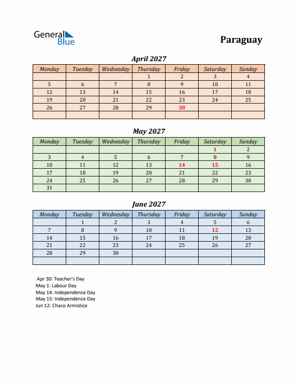 Q2 2027 Holiday Calendar - Paraguay