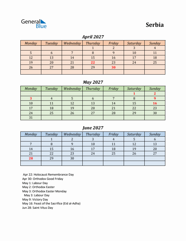 Q2 2027 Holiday Calendar - Serbia