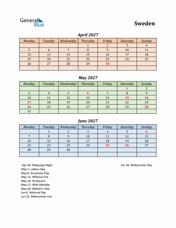 Q2 2027 Holiday Calendar - Sweden