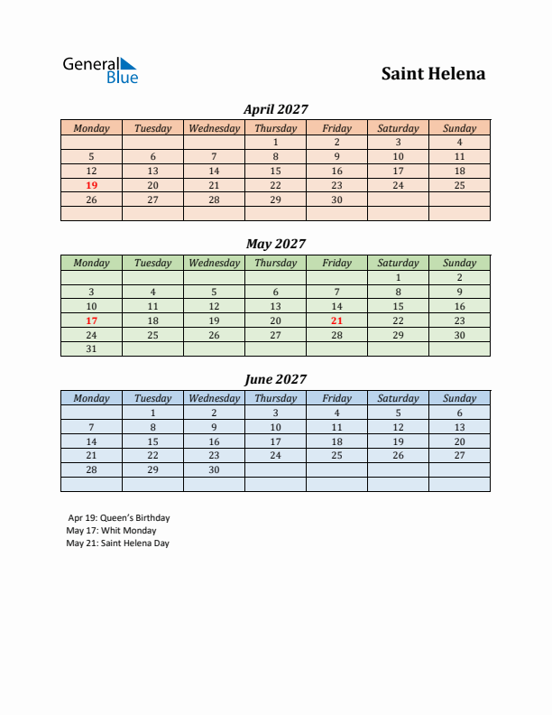 Q2 2027 Holiday Calendar - Saint Helena