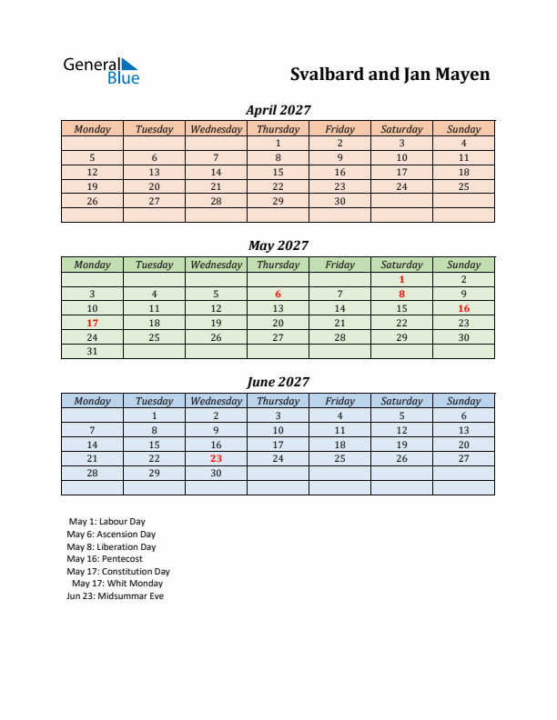 Q2 2027 Holiday Calendar - Svalbard and Jan Mayen