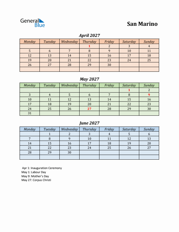 Q2 2027 Holiday Calendar - San Marino