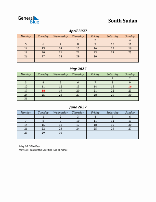 Q2 2027 Holiday Calendar - South Sudan