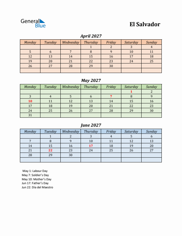 Q2 2027 Holiday Calendar - El Salvador