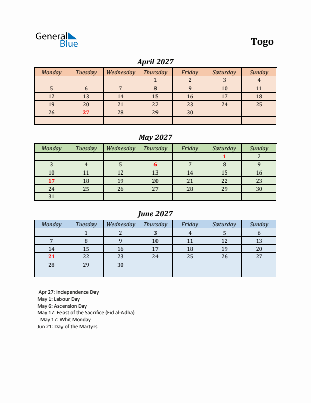 Q2 2027 Holiday Calendar - Togo