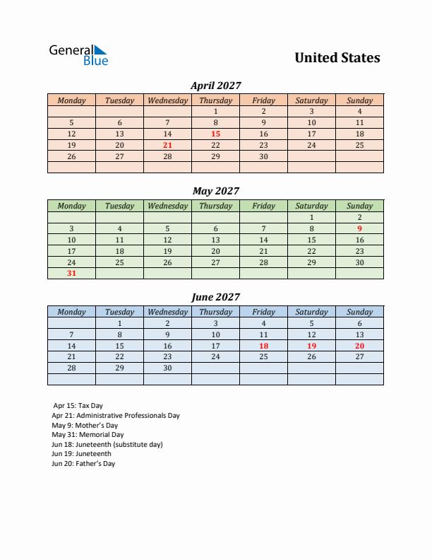 Q2 2027 Holiday Calendar - United States