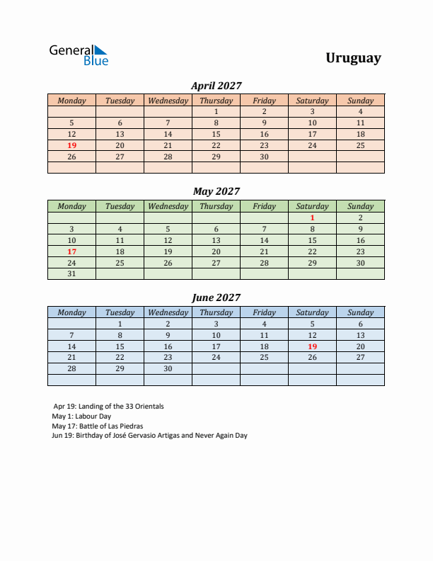 Q2 2027 Holiday Calendar - Uruguay