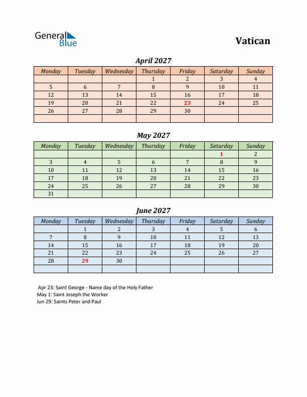 Q2 2027 Holiday Calendar - Vatican