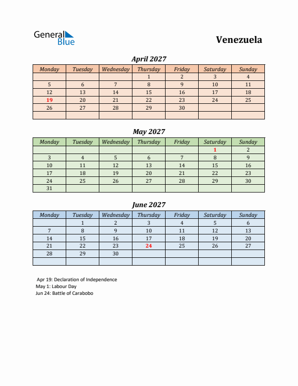 Q2 2027 Holiday Calendar - Venezuela