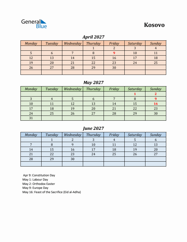 Q2 2027 Holiday Calendar - Kosovo