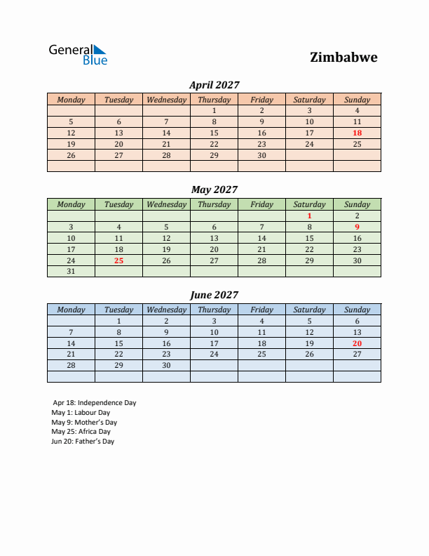 Q2 2027 Holiday Calendar - Zimbabwe