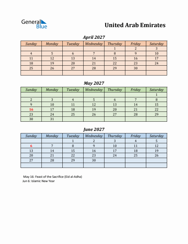 Q2 2027 Holiday Calendar - United Arab Emirates