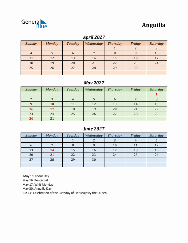 Q2 2027 Holiday Calendar - Anguilla