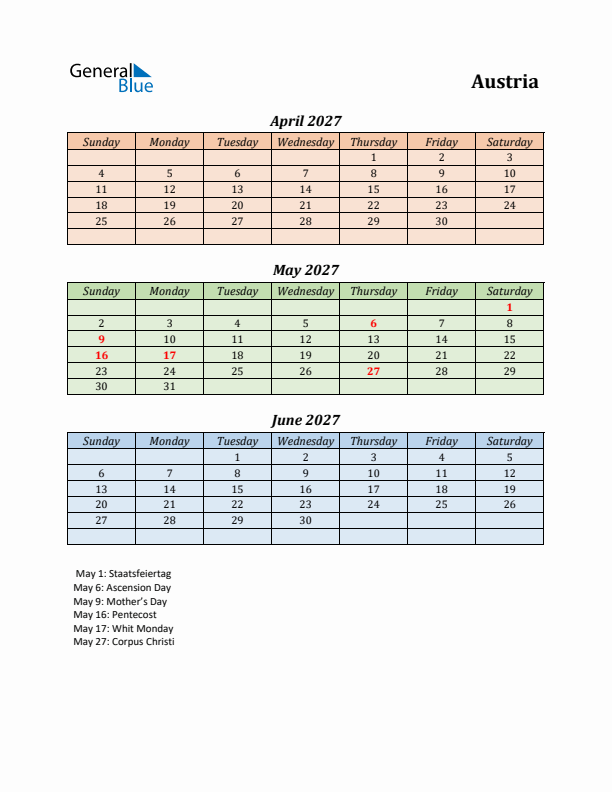 Q2 2027 Holiday Calendar - Austria