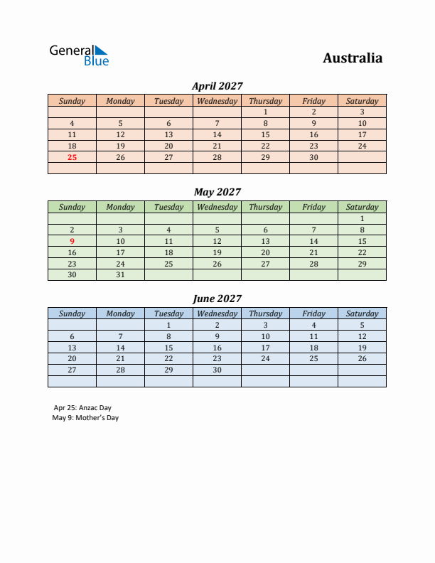 Q2 2027 Holiday Calendar - Australia