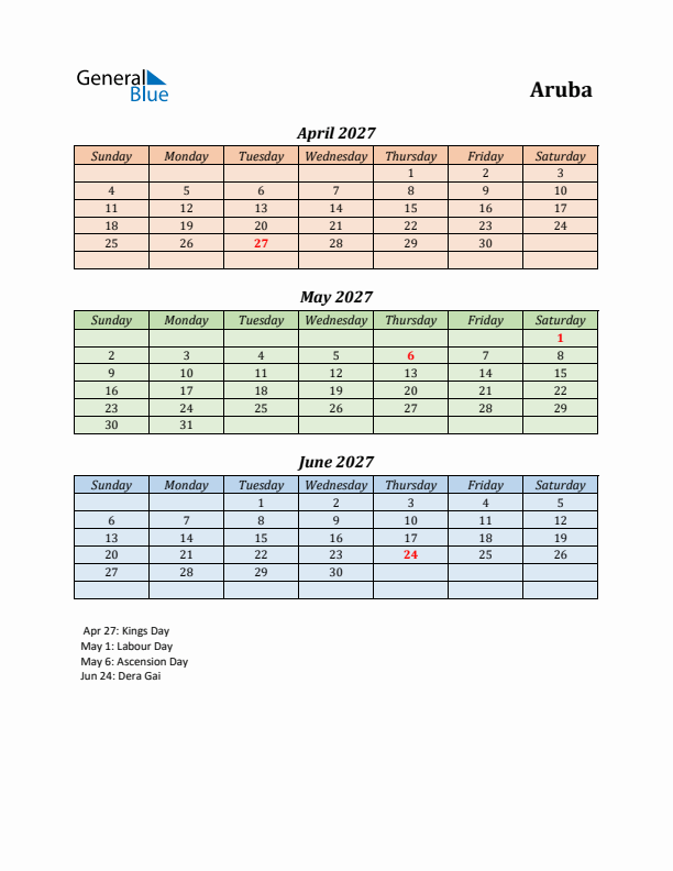 Q2 2027 Holiday Calendar - Aruba