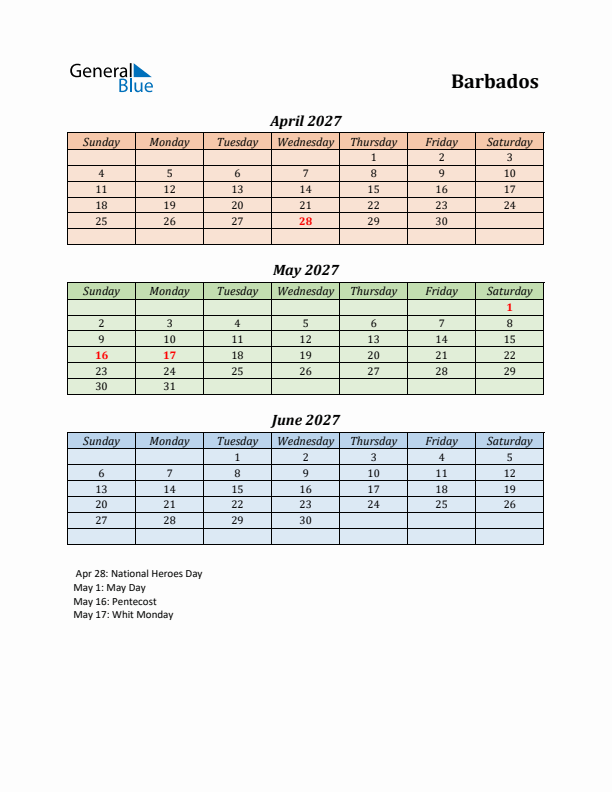 Q2 2027 Holiday Calendar - Barbados