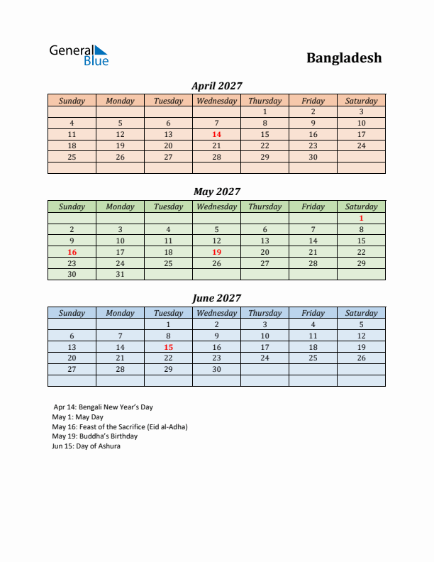 Q2 2027 Holiday Calendar - Bangladesh