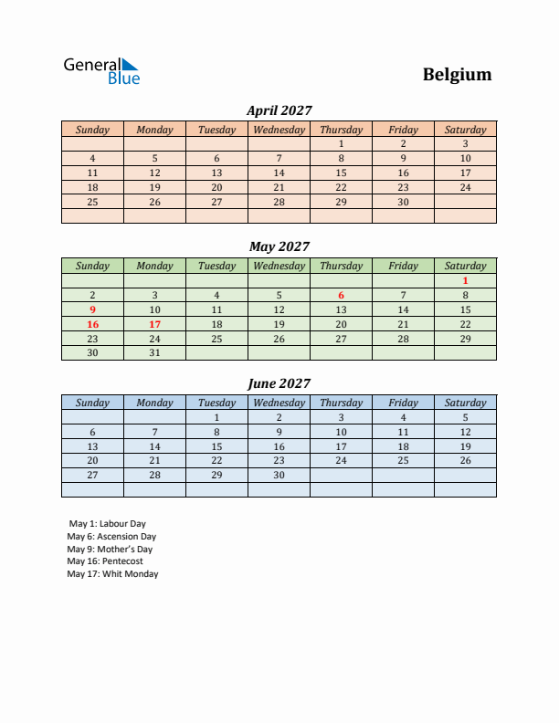 Q2 2027 Holiday Calendar - Belgium