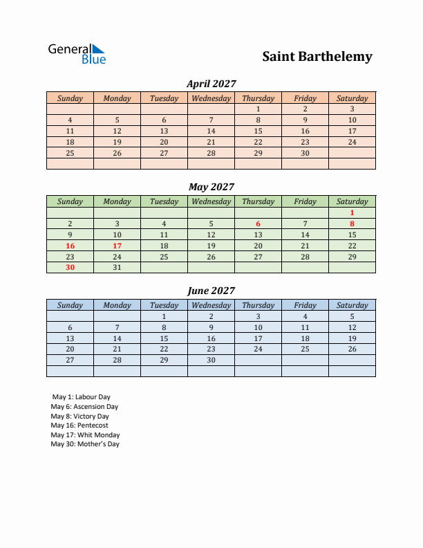 Q2 2027 Holiday Calendar - Saint Barthelemy