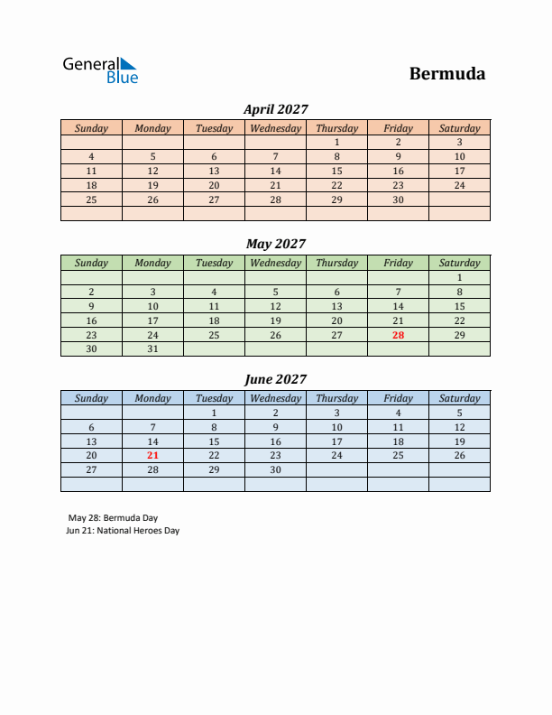 Q2 2027 Holiday Calendar - Bermuda