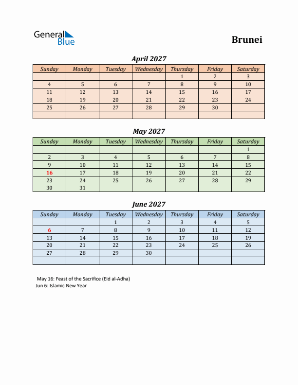 Q2 2027 Holiday Calendar - Brunei