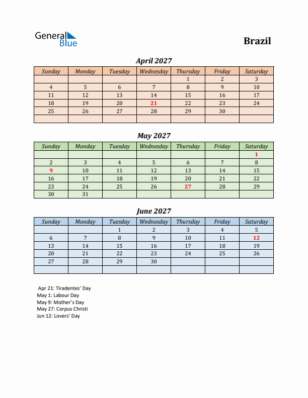 Q2 2027 Holiday Calendar - Brazil