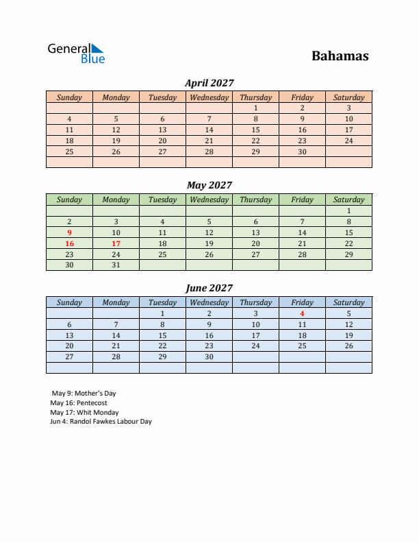 Q2 2027 Holiday Calendar - Bahamas