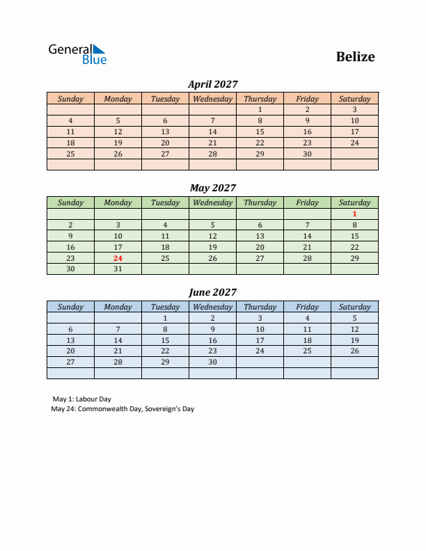 Q2 2027 Holiday Calendar - Belize