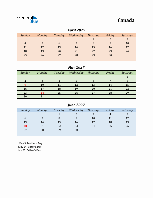 Q2 2027 Holiday Calendar - Canada