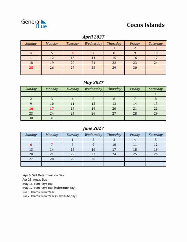 Q2 2027 Holiday Calendar - Cocos Islands