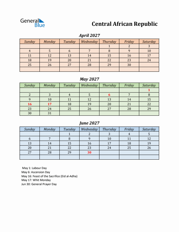 Q2 2027 Holiday Calendar - Central African Republic