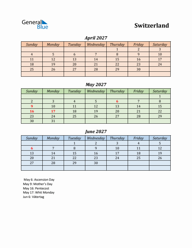 Q2 2027 Holiday Calendar - Switzerland