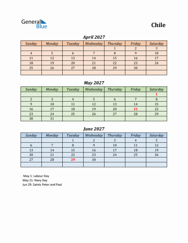 Q2 2027 Holiday Calendar - Chile