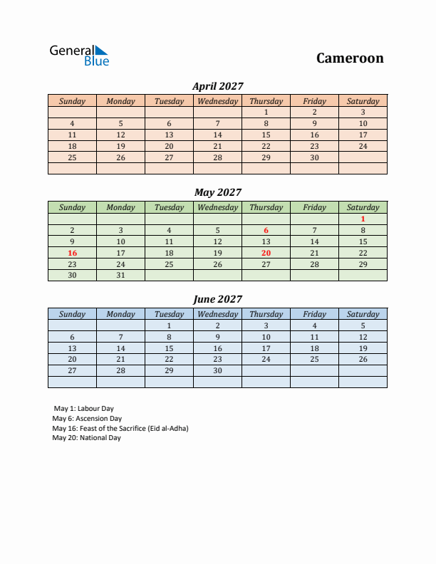 Q2 2027 Holiday Calendar - Cameroon