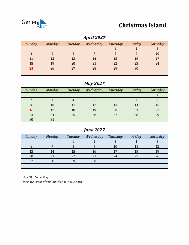 Q2 2027 Holiday Calendar - Christmas Island