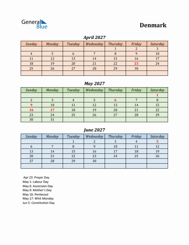 Q2 2027 Holiday Calendar - Denmark