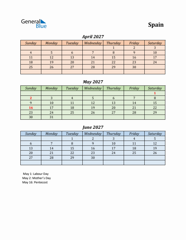 Q2 2027 Holiday Calendar - Spain