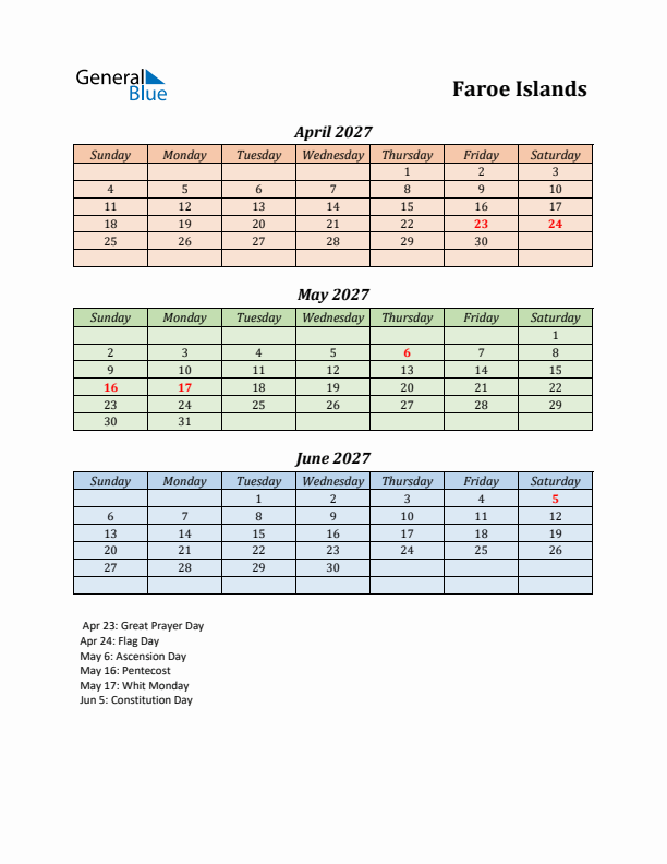 Q2 2027 Holiday Calendar - Faroe Islands