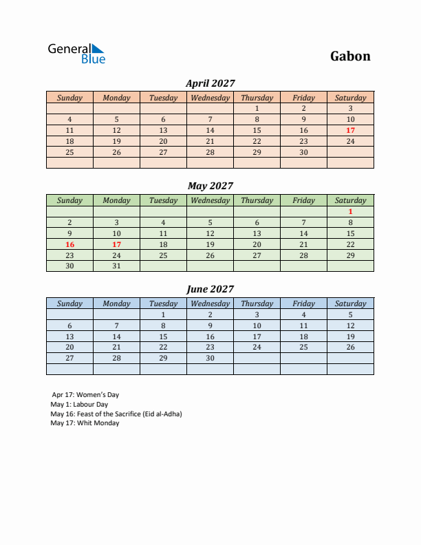 Q2 2027 Holiday Calendar - Gabon