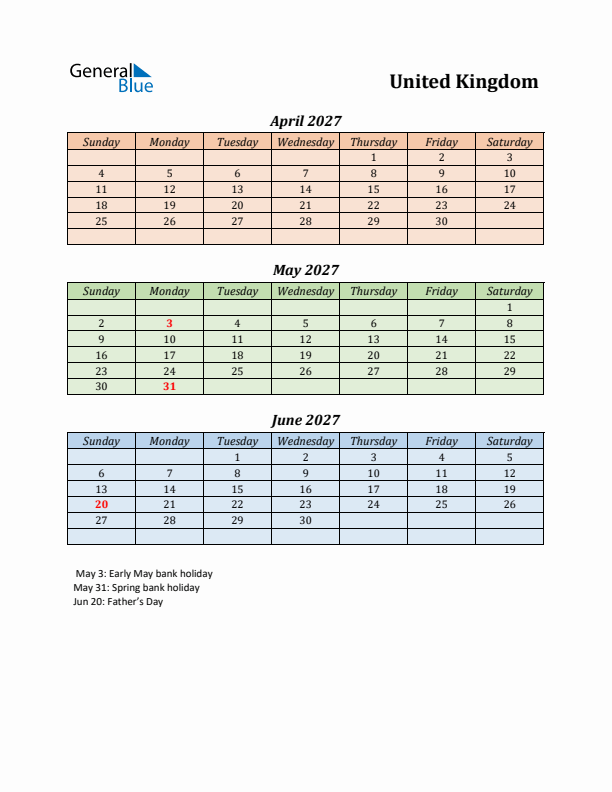 Q2 2027 Holiday Calendar - United Kingdom