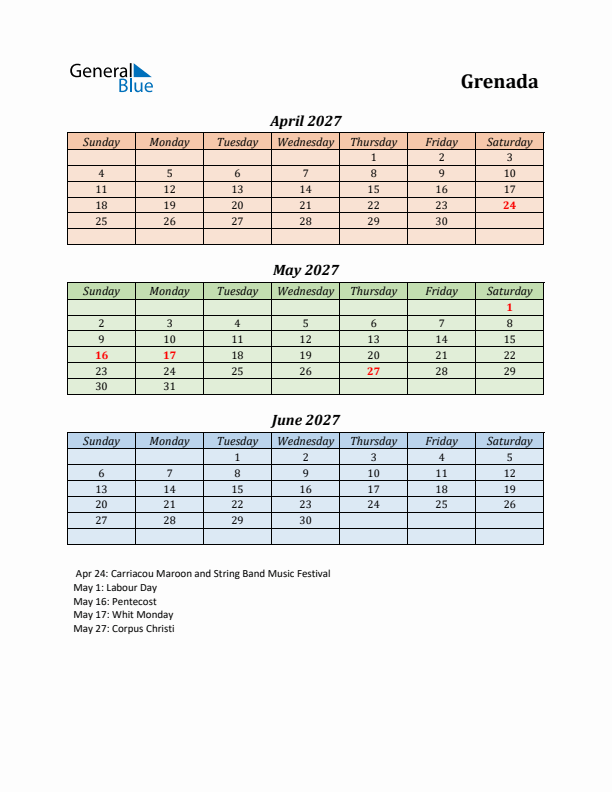 Q2 2027 Holiday Calendar - Grenada