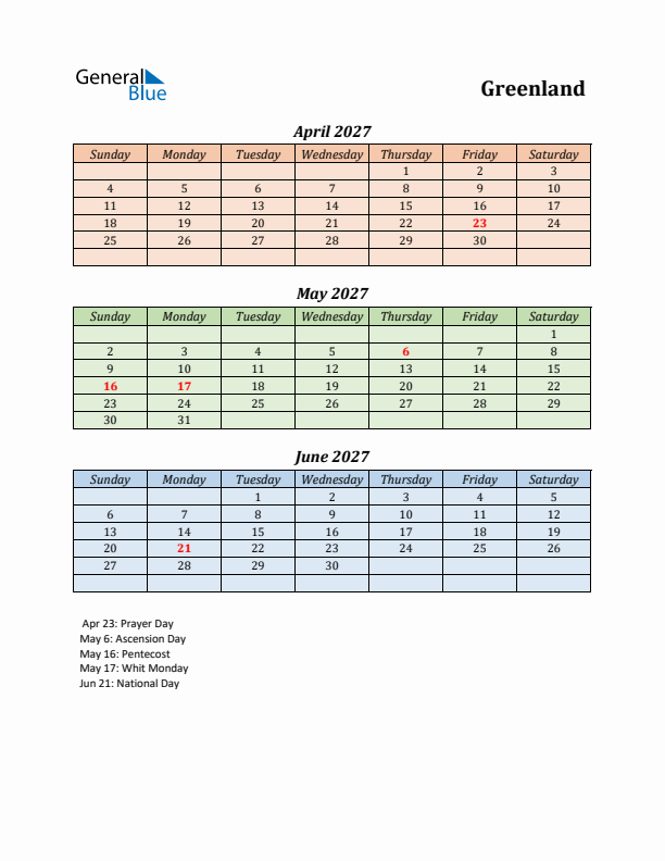 Q2 2027 Holiday Calendar - Greenland