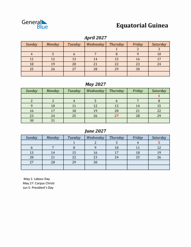 Q2 2027 Holiday Calendar - Equatorial Guinea