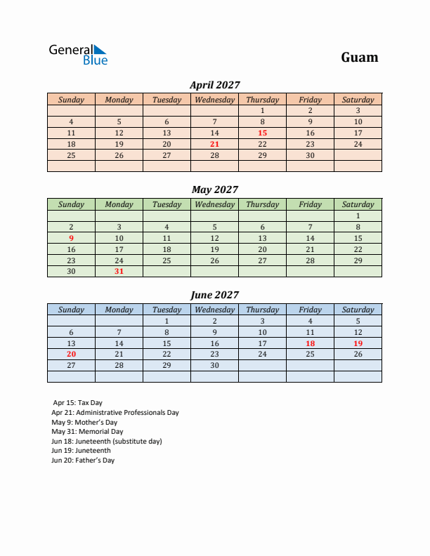 Q2 2027 Holiday Calendar - Guam